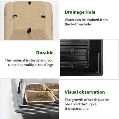 JOPY 4 Pack Seed Starter Tray Kit for Indoor Outdoor Garden Seeding Plastic Germination Trays with 120 Square Seed Peat Pots for Plant Growing