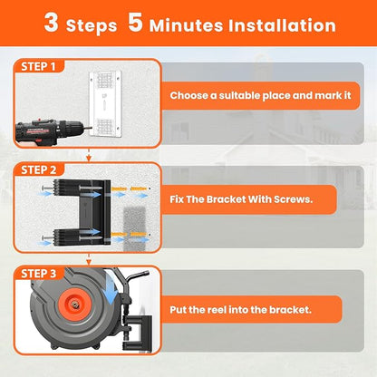 3rd Generation Retractable Garden Hose 155 ft x 1/2 inch Heavy Duty Wall-Mounted Hose Reels 180° Swivel Automatic Slow Return Any Length Lock 9 Pattern Nozzle UV Resistant (Black)