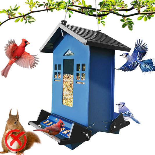Squirrel Proof Bird Feeder for Outdoors, 6LBS Large Capacity Hanging Bird Seed Feeders for Outside, Weight-Activated Perches Metal Wild Birdfeeder for Blue Jay, Cardinal (Blue)