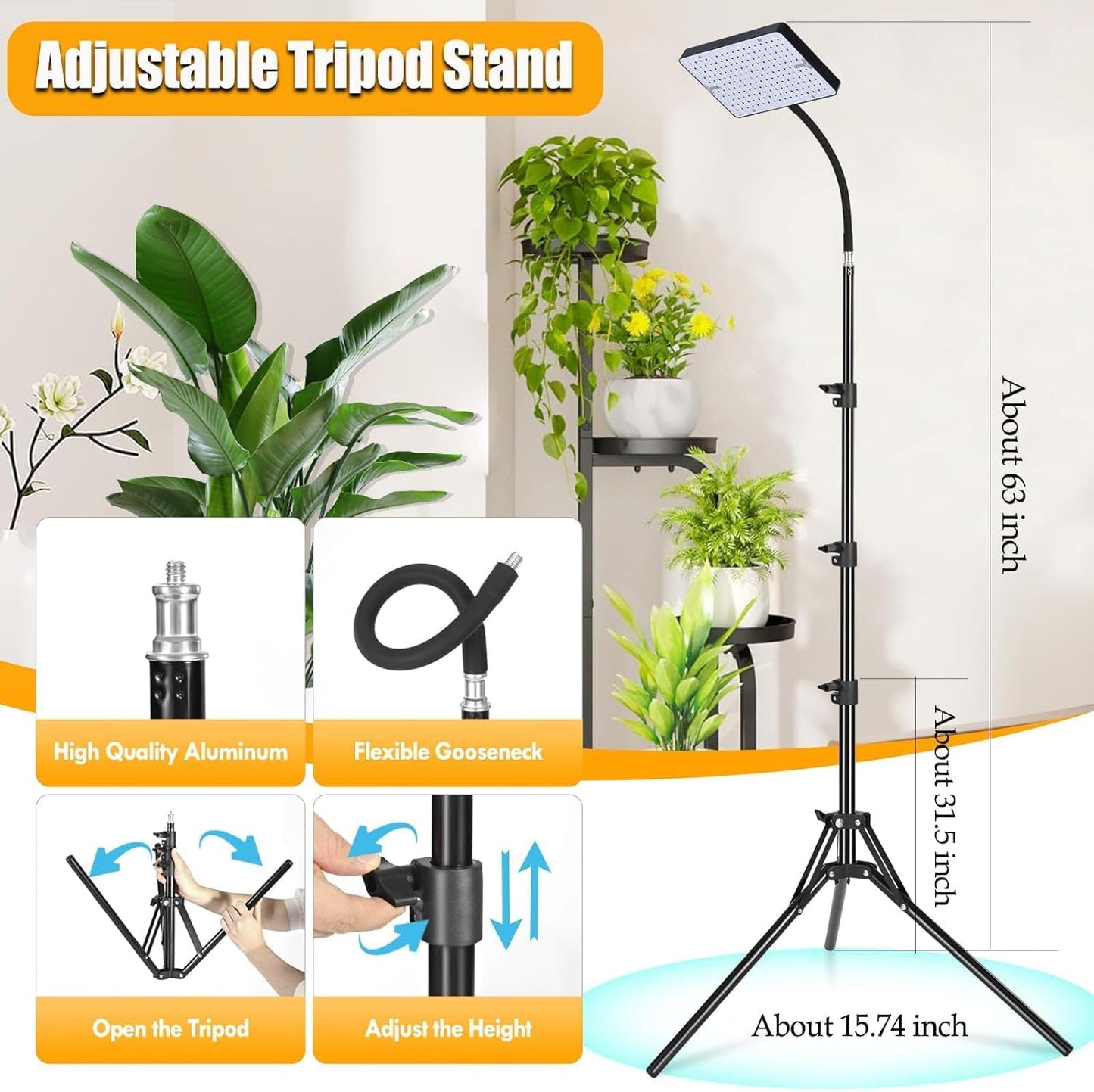 Tall Bonsai Tree Grow Light with Stand, 25 Watt Standing Plant Growing Lamps for Large Houseplants, Adjustable 12"-48" Tripod Stand Grow Light, Daisy Chain Function, On/Off Switch