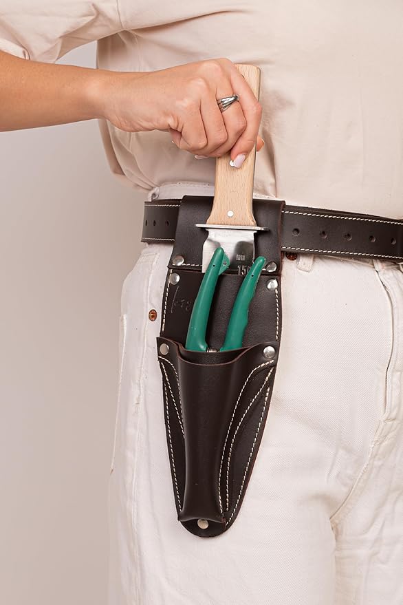 Hori Hori Leather Sheath Belt with Pruner and Scissor Pockets. Personalized Florist Tool Belt Leather, Gardening Belt with Pockets. (Dark Brown, One Size - Adjustable)