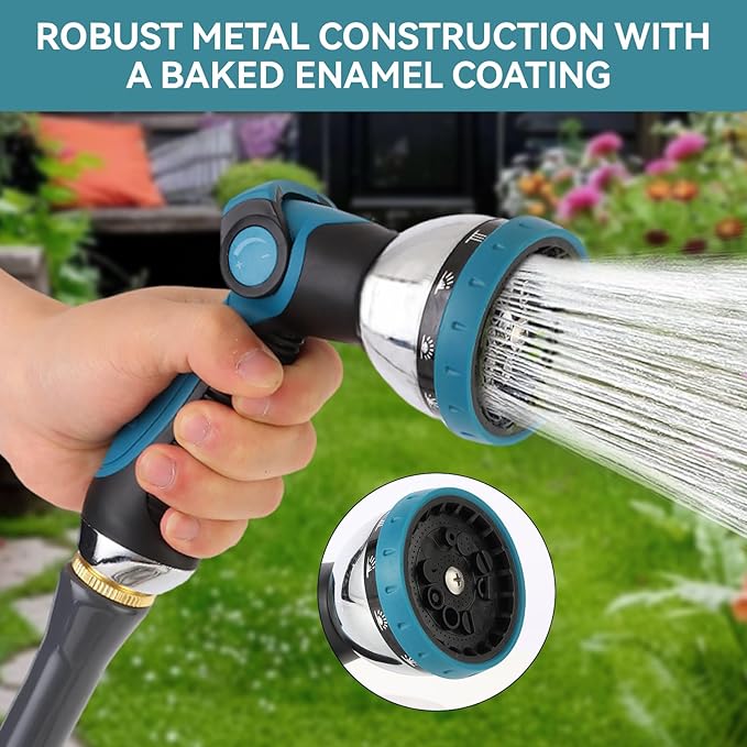 Garden Water Hose Nozzle Metal Heavy Duty Sprayer Thumb Control with 10 Spray Modes Suitable for Watering Plants, Iawn and Garden, Car Washing, Cleaning, Showering Pets and Outdoor Fun, Blue