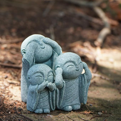 OwMell 3 Japanese Jizo Statue Stone Japanese Buddha Jizo Monk Statue Figurine Memorial Statue Aquarium Decoration Garden Outdoor Ornament 3"" - No Evil, Gray