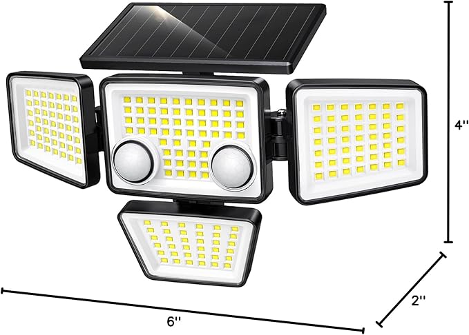 Solar Outdoor Lights - 3000LM 188 LED Motion Sensor Outdoor Lights, 4 Heads IP65 Waterproof Powered Security Flood Lights, 270°Wide Lighting Angle Wall Light with Sensors for Backyard Yard