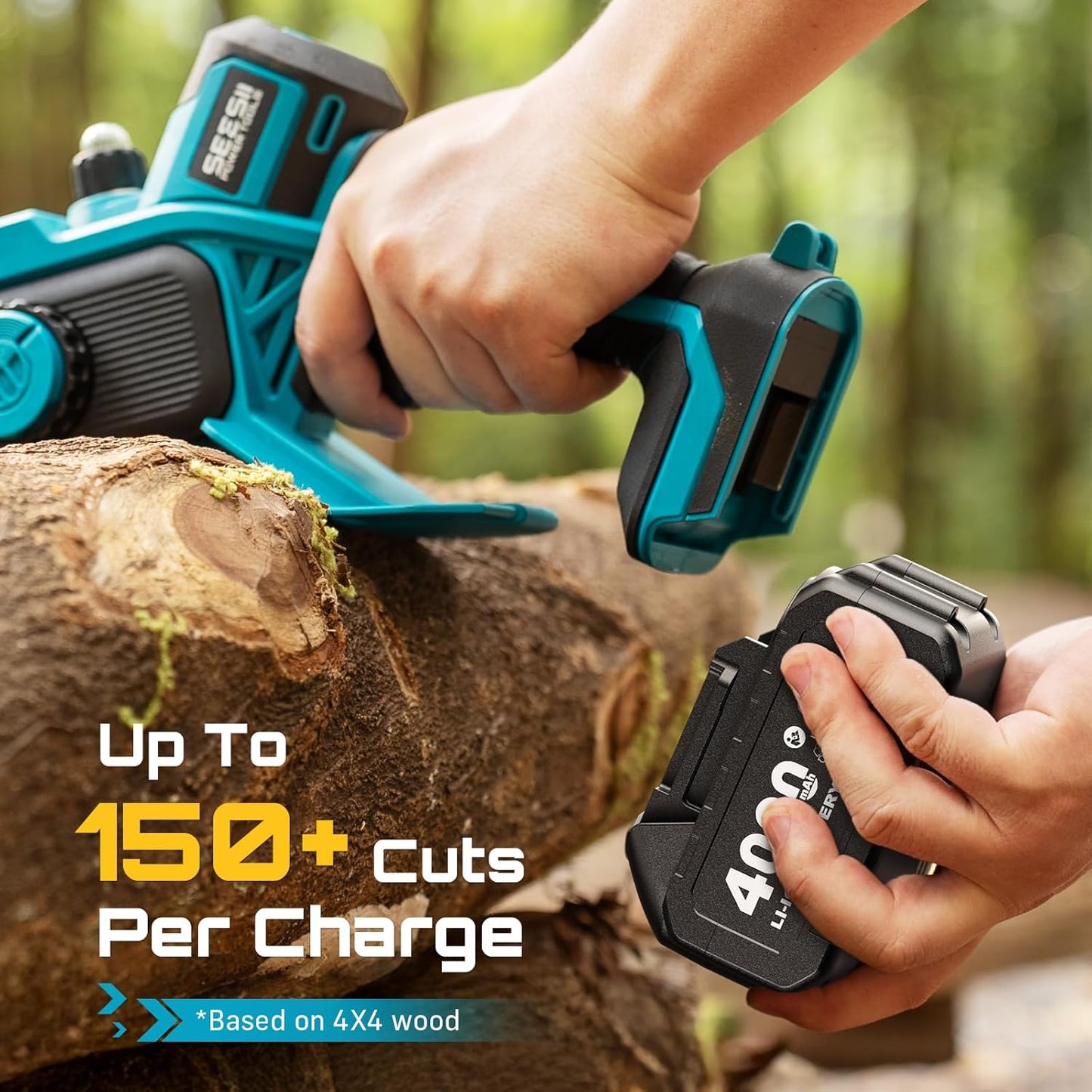 SEESII 8-Inch Cordless Mini Chainsaw, 2025 Upgraded Brushless Motor, Electric Chainsaw with 2×4000mAh Batteries, Tool-Free Chain Tension & Oiler, Handheld Saw for Fast Tree Branch Cutting（M8 Boost）