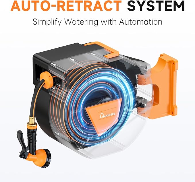 GARDENJOY Retractable Garden Hose Reel, 90 ft x 5/8 inch Heavy Duty Garden Hose with 180°Swivel Wall Mounted Bracket, 10 Pattern Sprayer Nozzle, Any Length Lock & Slow Return System