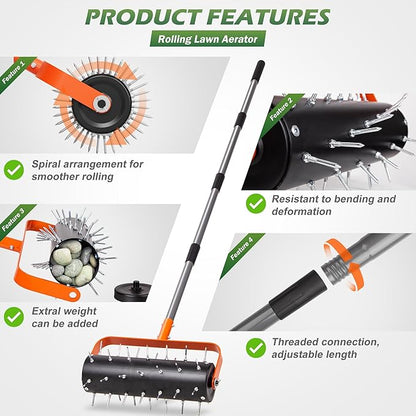 Walensee Rolling Lawn Aerator, Heavy Duty Manual Aerator Tool with 42 Spikes, Lawn Spike Aerator Roller with 71" Adjustable Handle, Soil Penetrator Push Lawn Aeration for Garden Yard Patio
