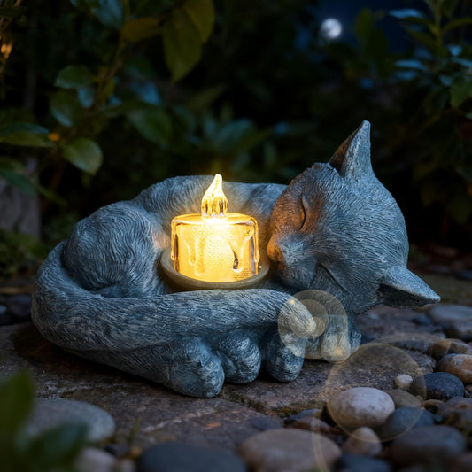 Sleeping Cat Candle Holder Statue Realistic Resin Cat Figurine with Candle Tray Outdoor Garden Decor for Patio Yard or Indoor Use for Cat Lovers Women and Memorials Grey Stone