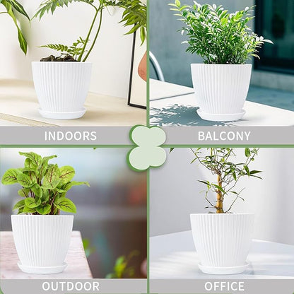 Plant Pots Indoor with Saucers & Drainage - 6 Pack Flower Pots - Plastic Planters for Indoor Planter - 7.5/6.6/5.8/5.0/4.3/3.5 inches Sizes for All Different Types of Plants - White