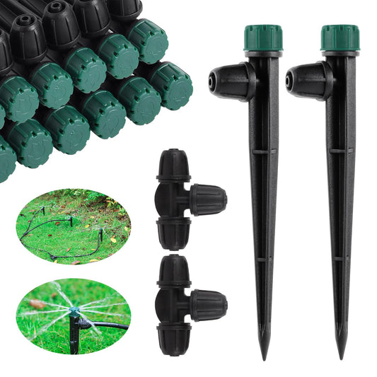 Drip Irrigation Emitters for 1/4" Drip Tubing,Adjustable 360 Degree Automatic Irrigation Drippers on 5.5" Arrow Stake,with1/4 Locked Tee for Watering System(30Pcs Drippers and 30Pcs Tee)