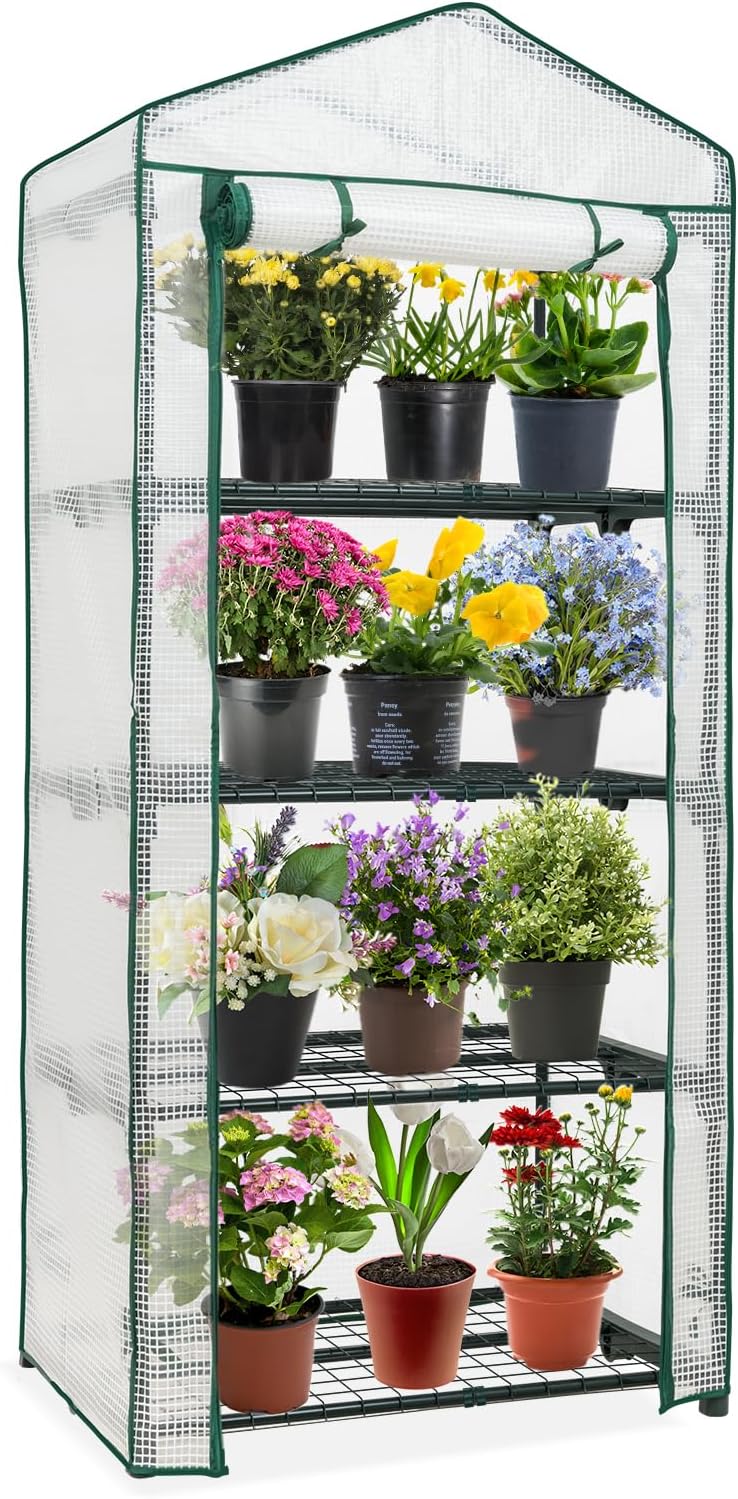 EAGLE PEAK 4-Tier Mini Greenhouse Portable Green House with Shelves & Weather-Resistant PE Cover, Small Greenhouse for Seedlings & Gardening Gifts, 27x19x64 in, Clear/White