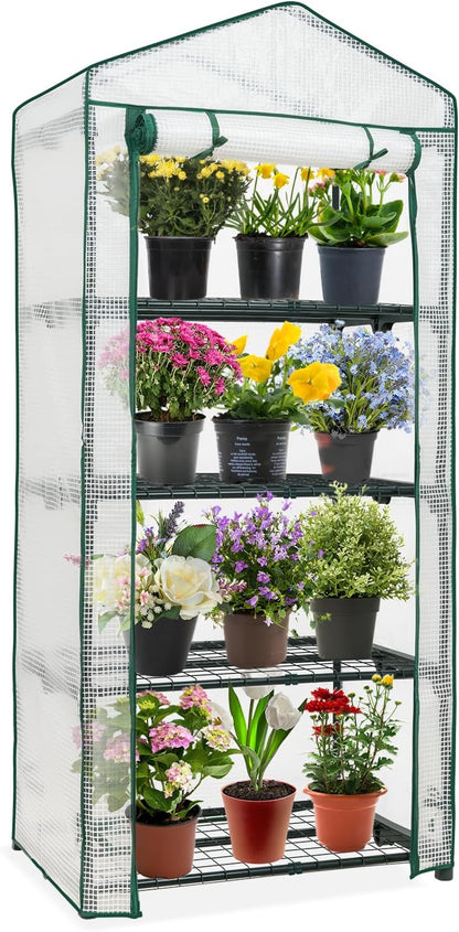 EAGLE PEAK 4-Tier Mini Greenhouse Portable Green House with Shelves & Weather-Resistant PE Cover, Small Greenhouse for Seedlings & Gardening Gifts, 27x19x64 in, Clear/White
