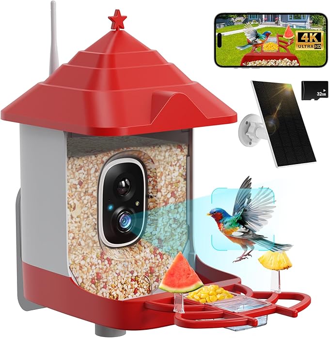 Smart Bird Feeder with Camera, Solar Panel & 5200mAh Battery, 4K HD Video, AI Identification, Instant Arrival Alerts & Alarm, IP65 Weatherproof, 32GB Card, 2L Capacity, Bird Lover’s Smart Companion