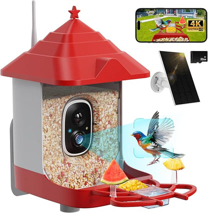 Smart Bird Feeder with Camera, Solar Panel & 5200mAh Battery, 4K HD Video, AI Identification, Instant Arrival Alerts & Alarm, IP65 Weatherproof, 32GB Card, 2L Capacity, Bird Lover’s Smart Companion