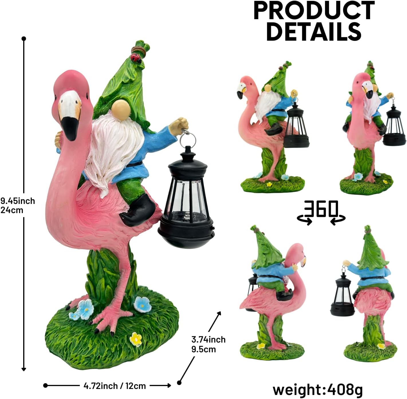 Gnomes Flamingo with Solar Lantern, Whimsical Decor for Garden, Yard, Patio, Lawn, LED Lights - Unique Gift for Women, Mom, Friends(Blue Gnomes)