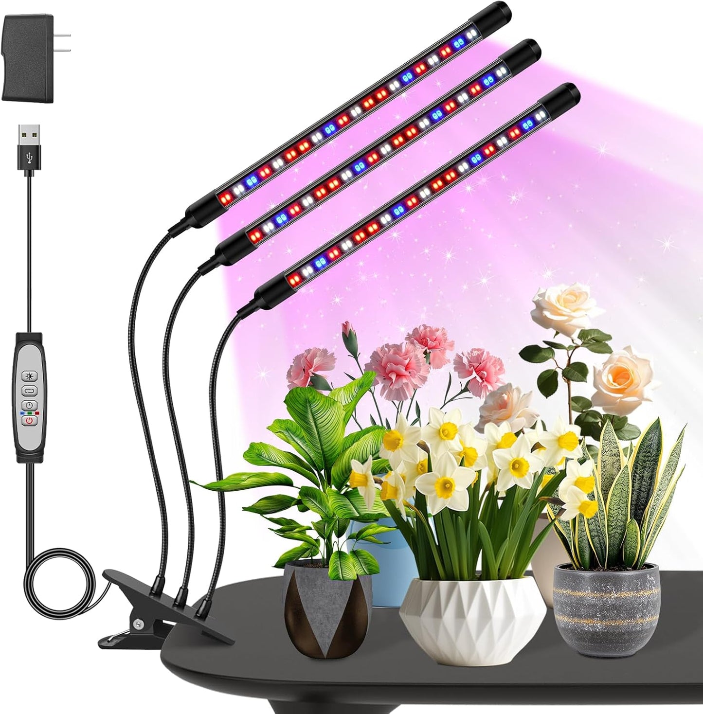 Tri-Heads Grow Lights for Indoor Plants, Full Spectrum Plant Lights for Indoor Growing with Adjustable 360° Gooseneck, 6/12/18H Timer & Dimming for Seedlings, Succulents, and Houseplants.