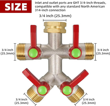 Hose Splitter 4 Way, Brass High Flow Garden Hose Splitter Heavy Duty, Hose Connector, Water Spigot Splitter, Full Flow Faucet Splitters with Shutoff, 3/4” GHT Inlet