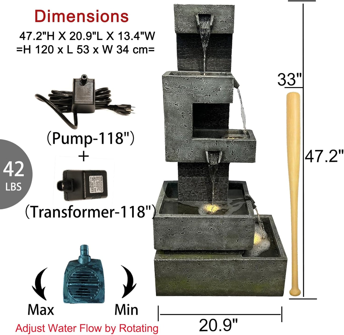 Garden Fountains Outdoor Water Fountain - 47.2 Inches 4 Tired Modern Indoor Floor Standing Outdoor Fountain with Lights Pump for Garden Patio Backyard Porch Home Art Decor