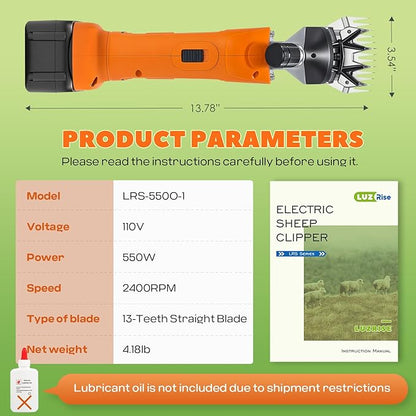 Sheep Shears Cordless 550W 2400RPM Rechargeable Sheep Clipper Professional Animal Clipper, 6-Speed Adjustable with 2X 4000mAh 21V Lithium Batteries for Sheep, Goat, Cattle, Livestock (110V, Orange)