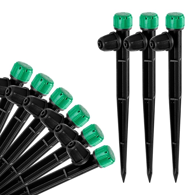 50pcs Drip Irrigation Emitters for 1/4" Drip Irrigation Tubing Adjustable 360 Degree Water Flow Drippers on 6.5" Sturdy Stake with Lock Barbed Irrigation Drippers for Watering System