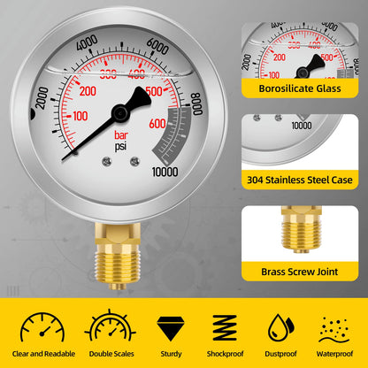 Hydraulic Pressure Test Kit with 4 Gauges (Max 10,000 PSI), 10 Test Couplings, 3 Test Hoses, Hydraulic Gauge Tester Set for Excavators, Construction Machinery, and Mining.