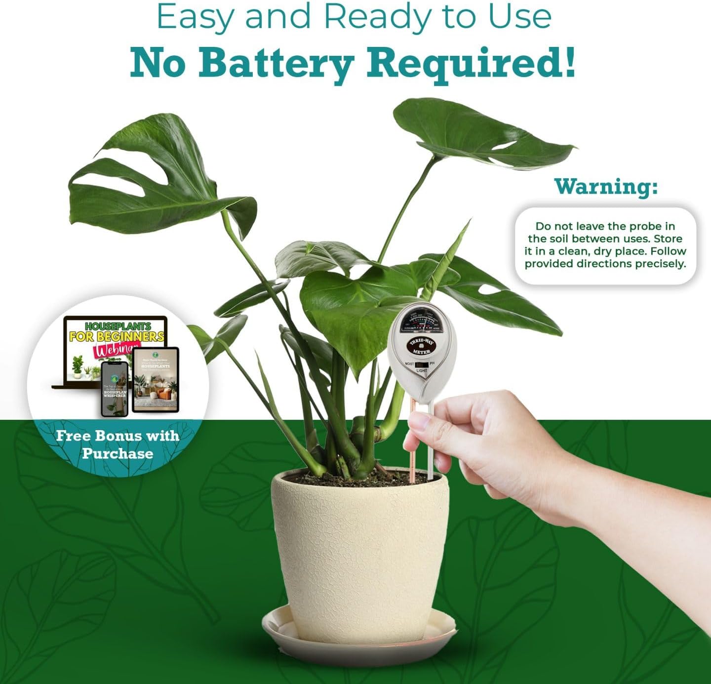 Houseplant Health Meter – 3-in-1 Tool to Prevent Overwatering, Root Rot & Leaf Burn | Test Soil Moisture, Sunlight & pH | Simple, Easy, Battery-Free | Suitable for Indoor, Outdoor & Potted Plants