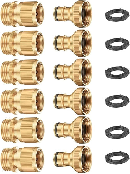 FINEST+ Garden Hose Quick Connector, Solid Brass 3/4 Inch Thread Fitting No-Leak Water Hose Female and Male Easy Connect (6 Sets)