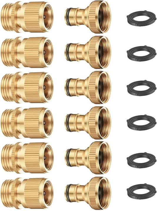 FINEST+ Garden Hose Quick Connector, Solid Brass 3/4 Inch Thread Fitting No-Leak Water Hose Female and Male Easy Connect (6 Sets)