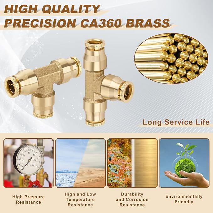 3/8" Quick Push to Connect Fittings Brass Union Tee Shaped Joint DOT Approved 3/8 Inch OD 3 Way Tube Air Line Adapter Air Spring Suspension Kit for Car Truck Trailers and Air Brake System 2pcs