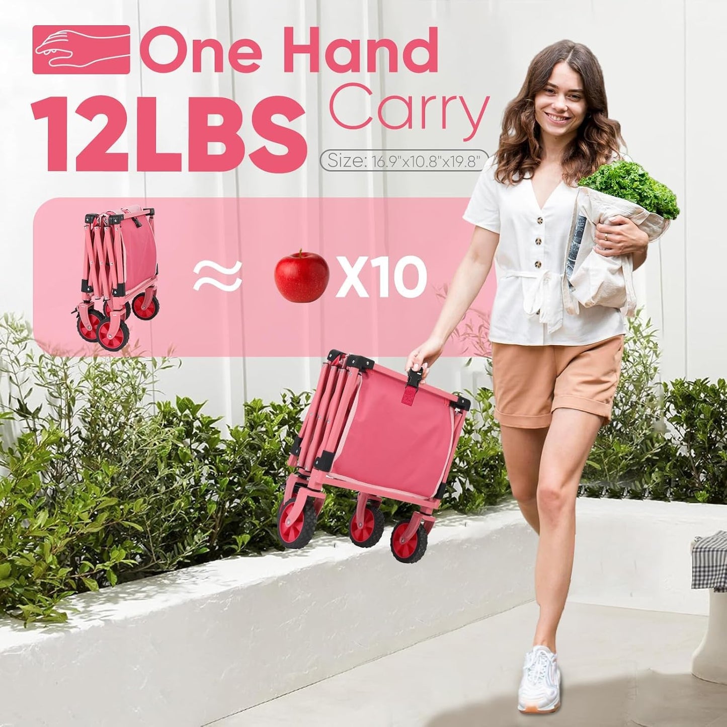 Wagon with Brakes, Foldable Cart with 220LBS Capacity, Utility Lightweight Wagon, Collapsible Grocery Shopping Cart for Camping Sports & Holiday.Pink