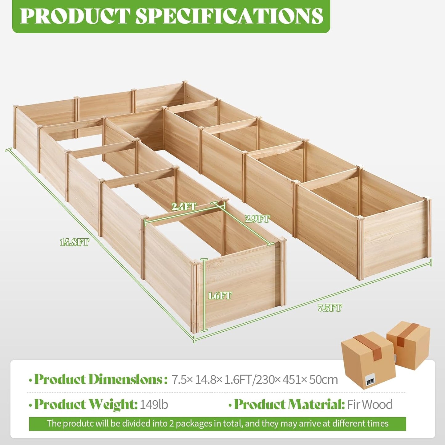 PaPaJet Raised Garden Bed for Outdoor, Eleven GridsDeep Large Planter Box for Gardening, Vegetables, Flowers, Herbs（7.5× 14.8× 1.6FT）