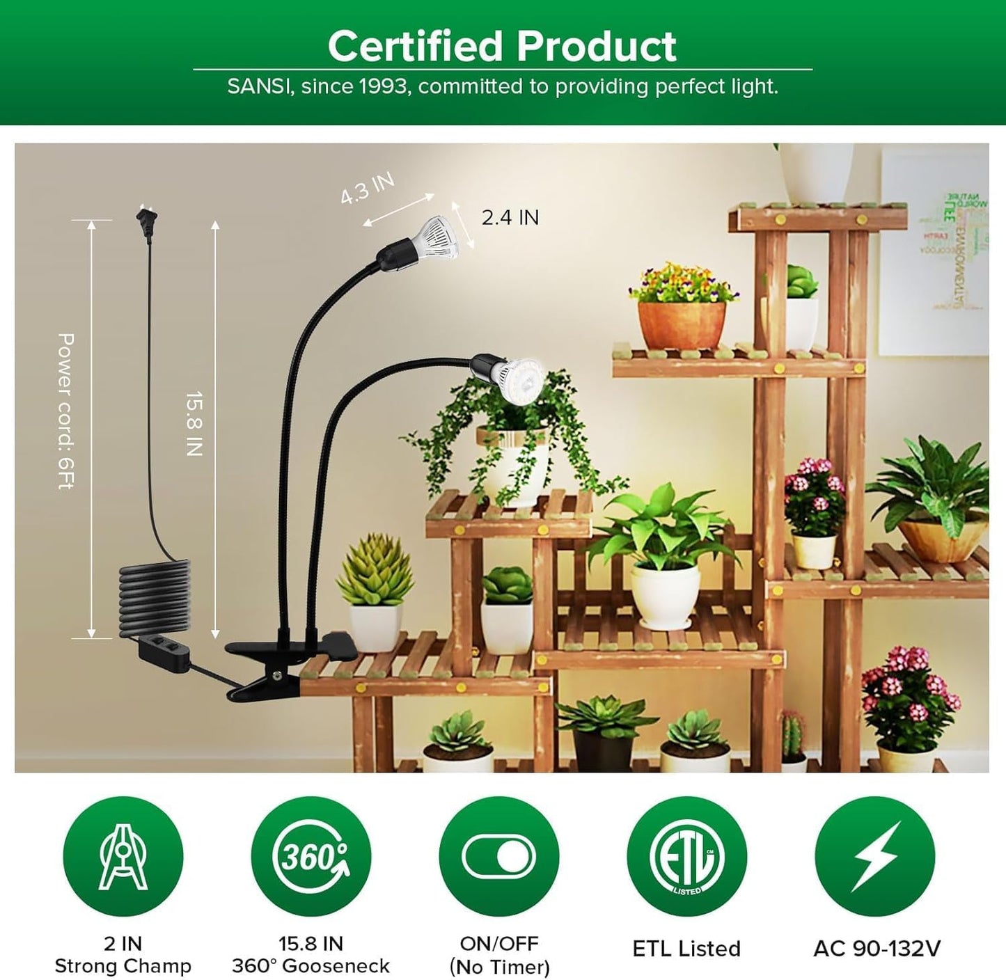 SANSI LED Grow Lights for Indoor Plants, Lifetime Free Bulb Replacement, 300W Full Spectrum Dual Gooseneck Clip Plant Grow Light with Optical Lens for High PPFD Growing Power Lamp