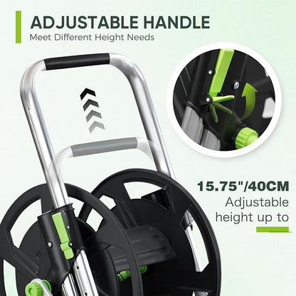 Garden Hose Reel Cart, Holds 75-150 Feet of 5/8-Inch Hose, Portable Hose Reel Cart With Wheels,Adjustable Handrail, Quick Hose Connector