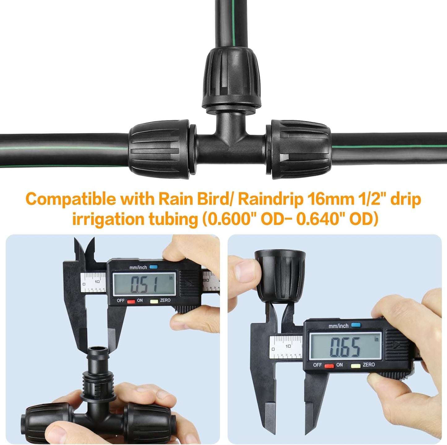 Drip Irrigation Fittings for 1/2 Inch Drip Tubing (1/2" ID x 0.65" OD)：1/2'' Drip Line Tees Anti-drop Locked Nut Barbed Tee Connectors Garden Irrigation System Parts (10 Pack)