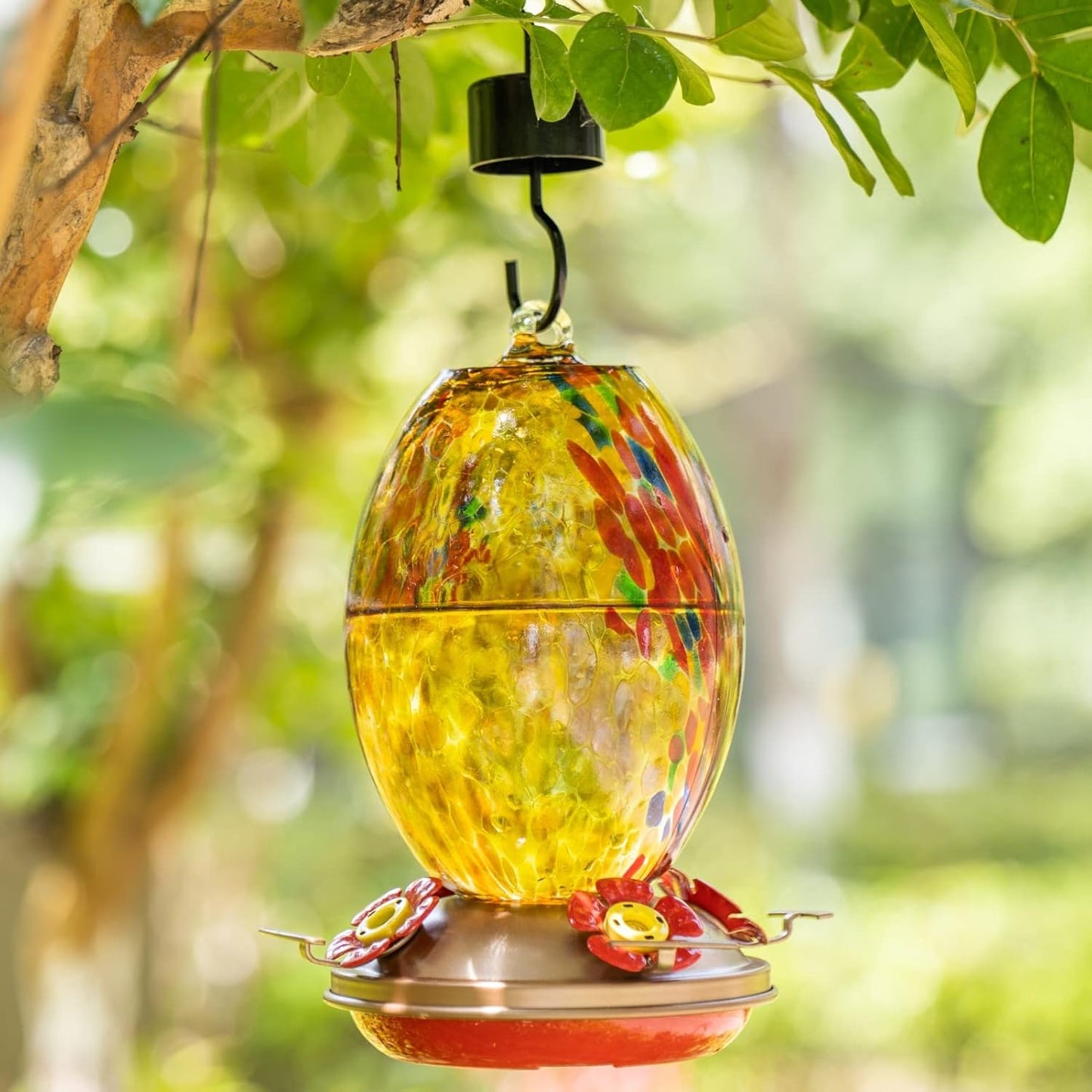 Muse Garden Glass Humming Bird Feeders for Outdoors - 27OZ Blown Glass Hummingbird Feeder - Unique Gift for Mom Women Grandparents, Outdoors Hanging Garden Decor, Ant Moat & Brush, Amber Fireworks