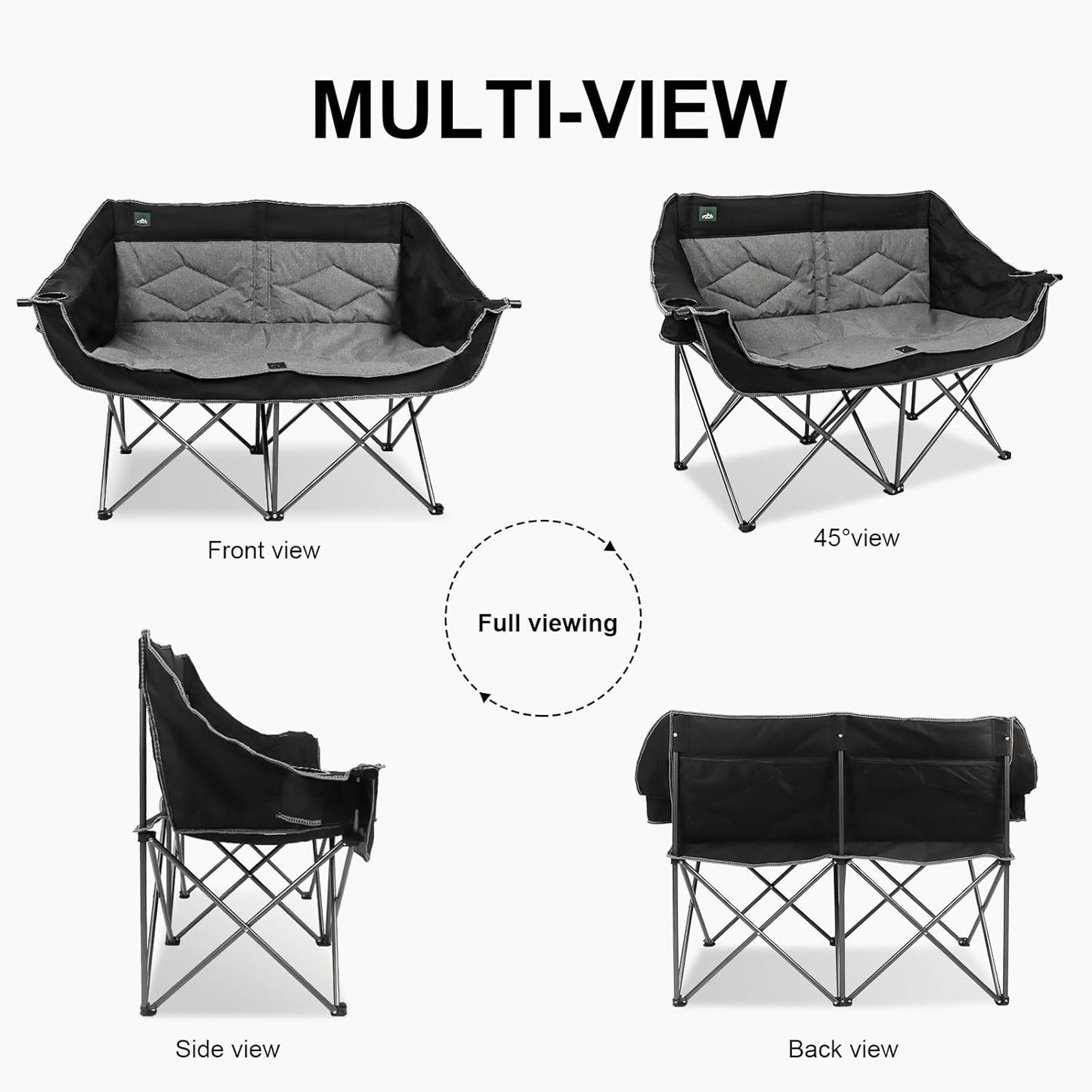 Northroad Folding Loveseat Camping Chair Portable Double Duo Full Padded Garden Sofa Chair for 2 Person w/ 2 Cup Holder,Wine Glass Holder,Support 600lbs for Outdoor Travel (Black)