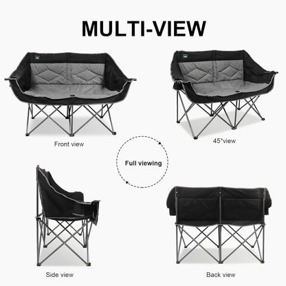 Northroad Folding Loveseat Camping Chair Portable Double Duo Full Padded Garden Sofa Chair for 2 Person w/ 2 Cup Holder,Wine Glass Holder,Support 600lbs for Outdoor Travel (Black)