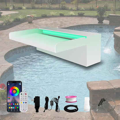 Pond Waterfall Spillway, APP Control Multi-Color LED Light Outdoor Pool Fountain, Acrylic Water Spillway Koi Fountains Kit for Garden Patio Swimming Pool Decoration - 11.8"x7.8"x3.9"