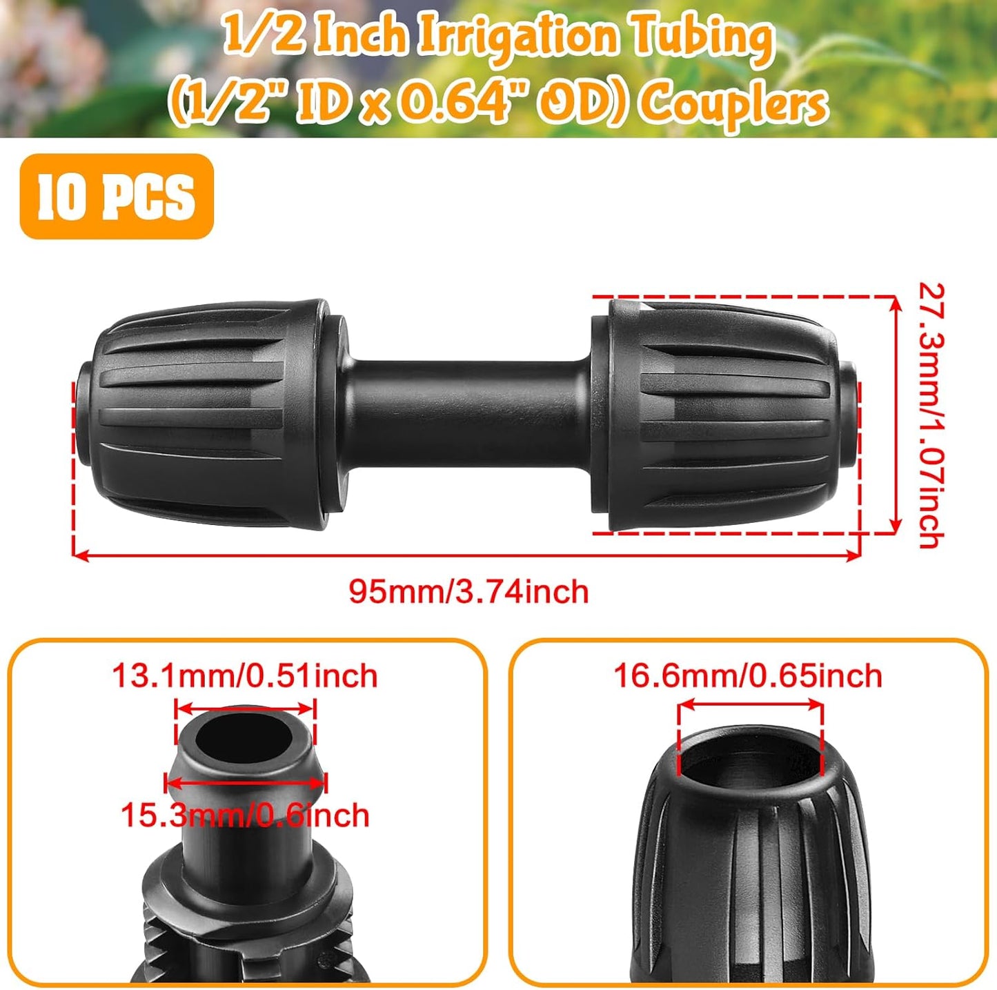 Drip Irrigation Fittings for 1/2 Inch Drip Tubing (1/2" ID x 0.65" OD)：1/2'' Drip Line Couplings Anti-drop Locked Nut Barbed Straight Coupling Connectors for Garden Irrigation System (10 Pack)