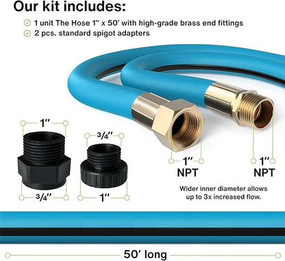 Aeromixer THE HOSE - 1 Inch Garden Hose 50 Ft, Kinkless Commercial Garden Hoses, Heavy Duty Industrial Water Hoses for Outdoors, 650 PSI High-Pressure Watering Tool for Farming and Gardening