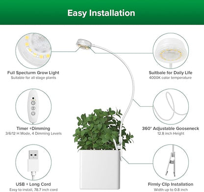 SANSI Grow Lights for Indoor Plants, Pot Clip LED Plant Light for Growing Full Spectrum, Plant Growing Lamp 4-Level Dimmable Auto On Off 3 6 12 Hrs Timer for Small Plants, White 5V 3-Pack ETL Listed