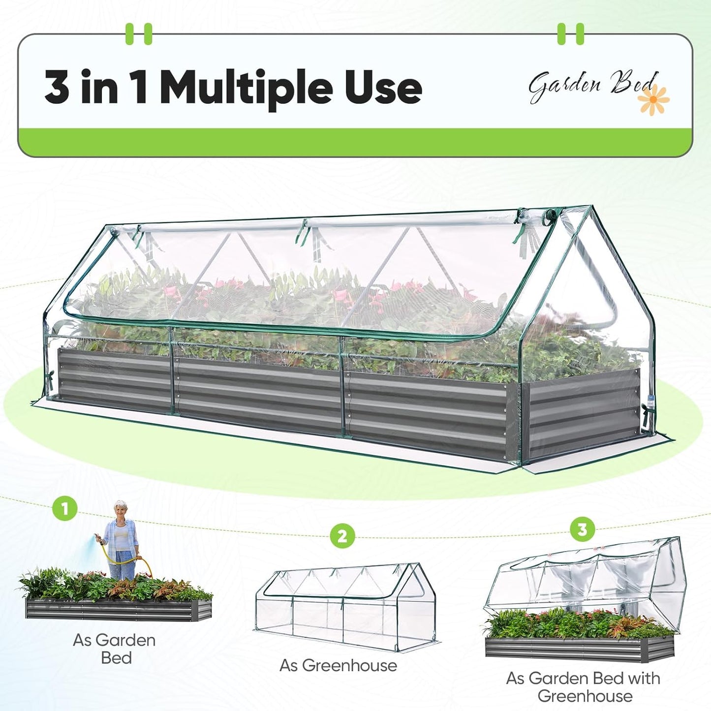 Quictent Raised Garden Bed Galvanized Raised Beds for Gardening Vegetables with Cover 8x4x1 ft Metal Planter Box Outdoor Use (Clear)