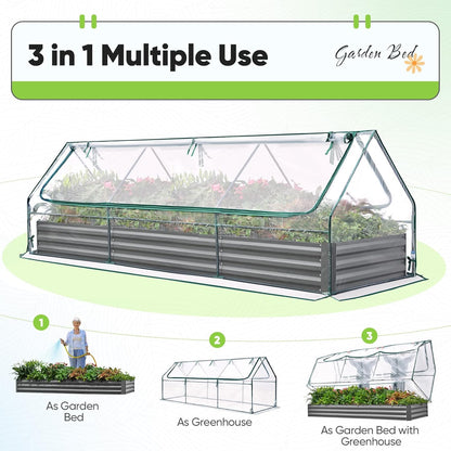 Quictent Raised Garden Bed Galvanized Raised Beds for Gardening Vegetables with Cover 8x4x1 ft Metal Planter Box Outdoor Use (Clear)