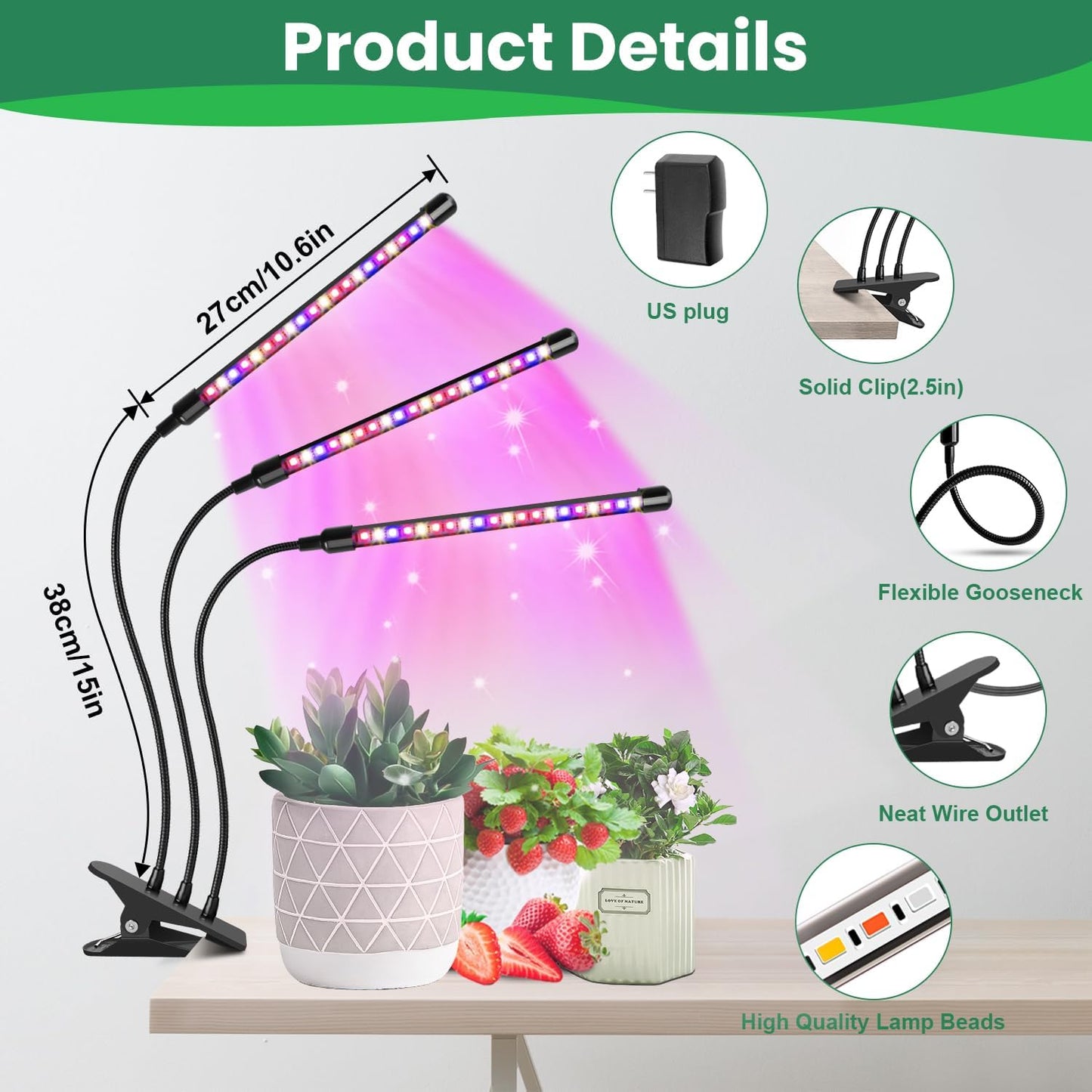Garpsen Plant Lights, 3 Heads Red Blue Warm White Full Spectrum Grow Lights for Indoor Plants, 60 LEDs Led Grow Light for Seed Starting, with Auto ON/Off 6/12/16H Timer, 5 Dimmable Levels