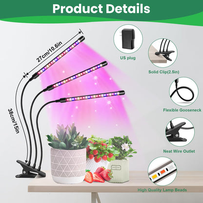 Garpsen Led Grow Light, 2PCS 3 Heads Full Spectrum Clip Plant Light for Indoor Plants, 120 LEDs Grow Lights, with 3 Switch Modes & Auto ON/Off 6/12/16H Timer, 5 Dimmable Levels (Red Blue Warm White)