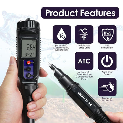 pH Meter for Food 3-in-1 Digital pH EC Temperature Meter with ATC, Food pH Tester for Checking Fermentation/Bread Dough/Sausages, Waterproof pH Probe Meter for Cosmetics, Solid and Soft Soil Sample