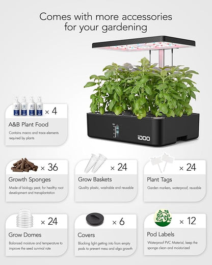 iDOO Hydroponics Growing System Kit 12Pods, Christmas Gifts for Women Mom, Herb Garden Indoor with LED Grow Light for Home, Built-in Fan, Auto-Timer, Adjustable Height Up to 11.3", 12Pods Kit-Black