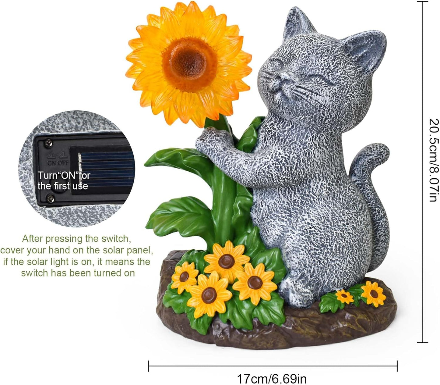 Solar Garden Decor Cat Statue with Sunflower Light, Outdoor Ornaments for Home Patio Yard Balcony Lawn, Birthday Gifts for Cat Lovers Women, Mom, Grandma