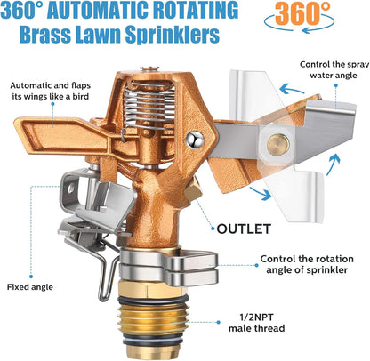 4 Pieces Brass Impact Lawn Sprinklers for Yard, Heavy Duty Water Sprinkler Head with Zinc Alloy Spike Base 360 Degree Automatic Rotating Lawn Sprinkler for Yard Lawn Large Area Patio Garden