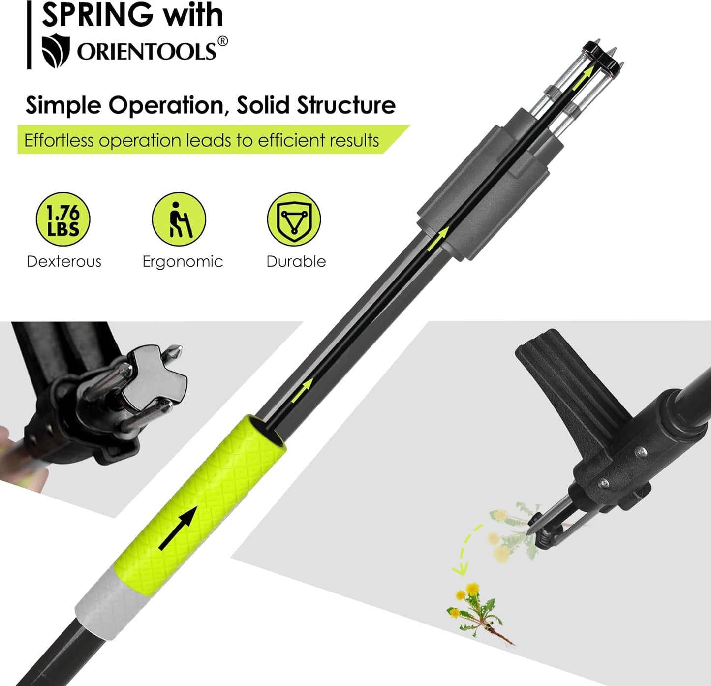 ORIENTOOLS Weed Puller Stand Up Weeder Hand Tool with 3 Claws for Dandelion, Steel Twist Hand Weed Root Pulling Tool Grabber and Picker, 38" Long Handle Lawn Easy Root Remover Garden Tool with D-Grip
